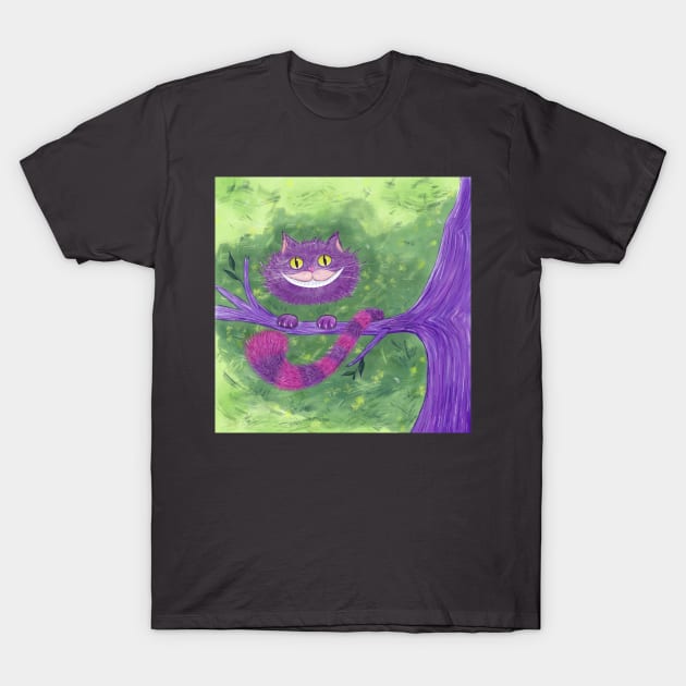 Smiling Cheshire Cat on a Tree Branch Digital Illustration T-Shirt by Wolshebnaja